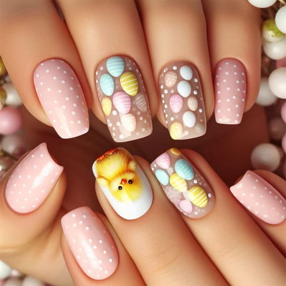 24 Pieces Short False Nails with Chick Pattern Party Nails Decors on Nails Easy to Apply and Remove