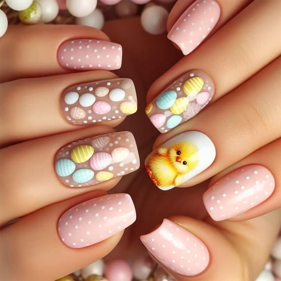 24 Pieces Short Press on Nails Artificial Nails with Chick Designs Acrylic Stick on Naol Manicure for Festive Occasion