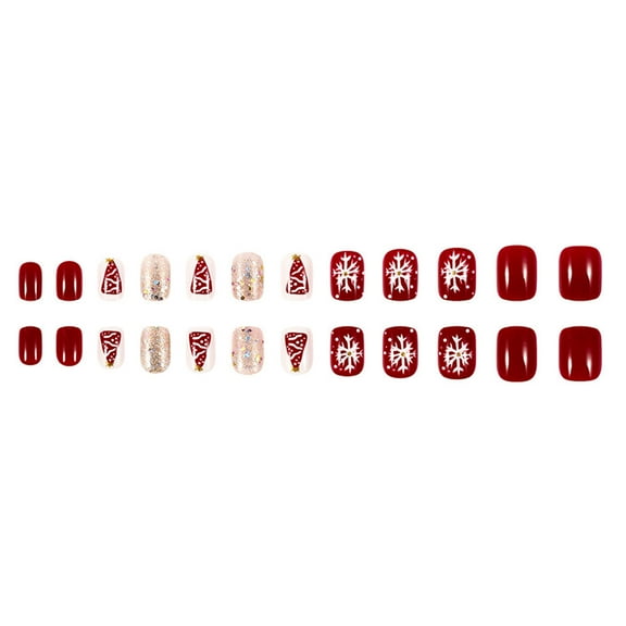 24 Pieces Short Square Press On Nails with Snowflake Patterns Glittering French Tip Fall Nails for Holiday Season