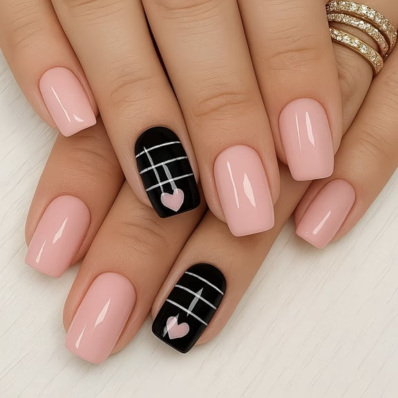 24 Pieces Short Square Press on Nails - Chic Nude Pink with Black Background, White Checkered & Heart Designs for Everyday and Valentine's Day