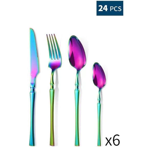 24 Pieces Silverware Set, Stainless Steel Flatware Cutlery Set for 6, Fancy Tableware Eating Utensils for Home Kitchen Restaurant Hotel,Iridescent