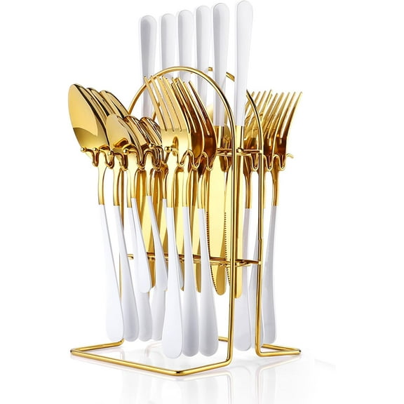 24 Pieces Silverware Set, Stainless Steel Flatware Set with Silverware Holder Spoons Forks Knives,Utensils Set Service for 6,Gold Mirror Polished and Matte Painted Cutlery Set