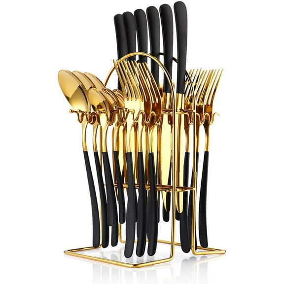 24 Pieces Silverware Set, Stainless Steel Flatware Set with Silverware Holder Spoons Forks Knives Set,Utensils Set Service for 6,Cutlery Set for Kitchen (Black)