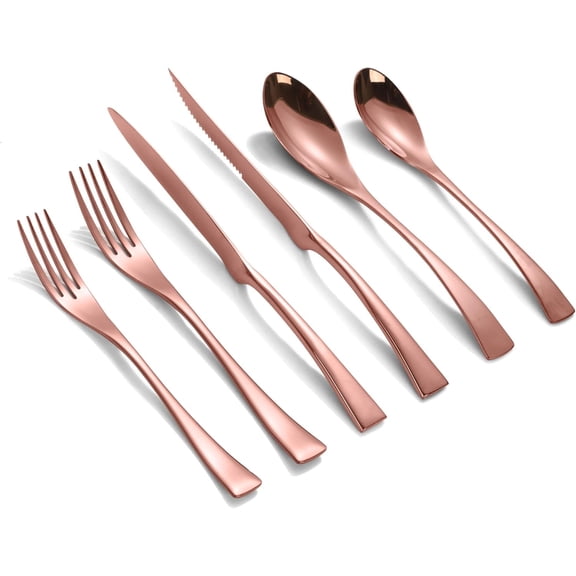 24 Pieces Silverware Set with Steak Knives,Heavy Duty 18/10 Stainless Steel Flatware Set with Forged Stand Knives,Modern Cutlery,Mirror Polished,Dishwasher Safe