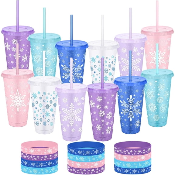 24 Pieces Snowflake Party Favors Cups Set 24 Oz 12 Frozen Themed Cups with Lids & Straws 12 Silicone Bracelets Reusable Plastic Tumblers for Winter Theme Holiday Birthday Party Supplies