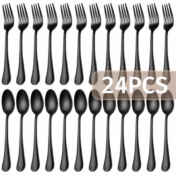 24-Pieces Spoon Fork Silverware Set, TAIMASI Food-Grade Tableware Set for 12, Stainless Steel Mirror-Polished Dining Flatware Set for Home Restaurant, Black