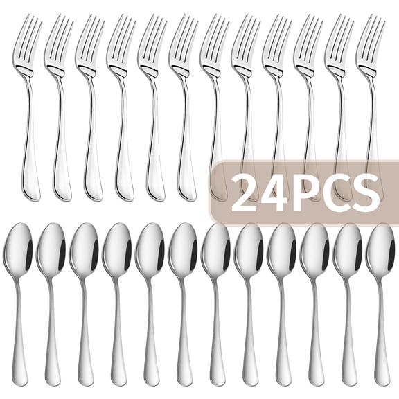 24-Pieces Spoon Fork Silverware Set, TAIMASI Food-Grade Tableware Set for 12, Stainless Steel , Mirror-Polished Dining Flatware Set for Home Restaurant