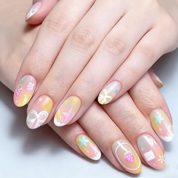 24 Pieces Spring Summer Macaron Color Gradient Press on Nails Elliptical Almond Shape Fake Nails with Bow Knot Star Face Design