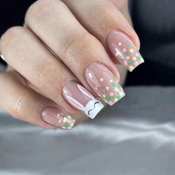 24 Pieces Square on Nails Easter False Nails with Rabbits Designs for Party and Daily Wear