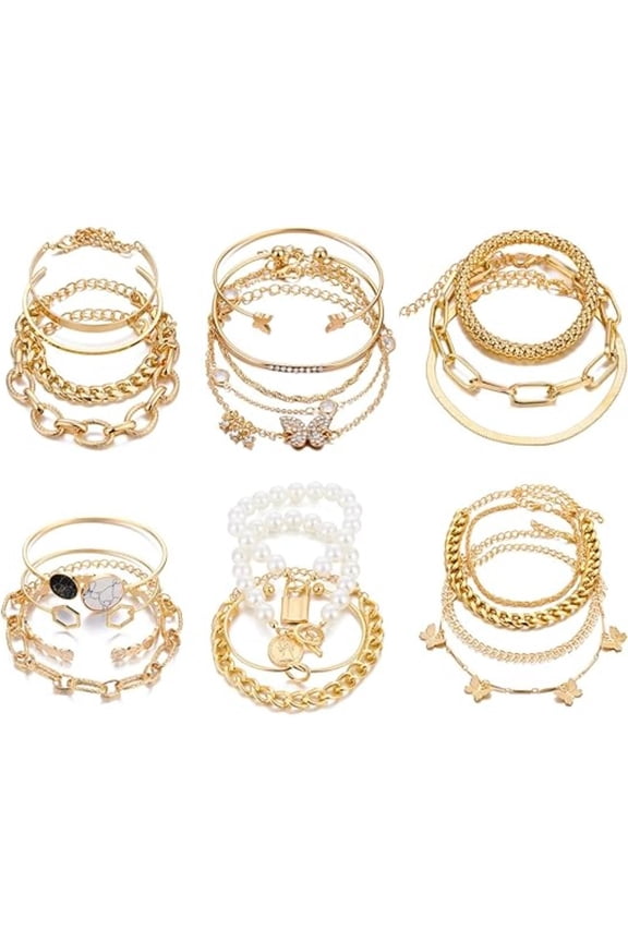 24 Pieces Stackable Bracelets Set, 14K Gold Plated Hypoallergenic Link & Cuff Boho Jewelry, Adjustable Multilayer Bracelets for Women, Perfect for Party Wedding Daily Gift