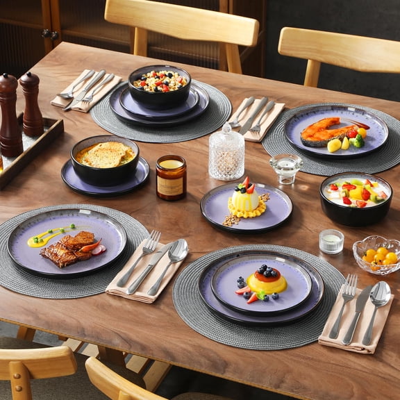 24 Pieces Stoneware Dinnerware Sets for 8, Kitchen Dish Set Mircowave and Dishwasher Safe Ceramic Dishware, Blue, Series AMBER