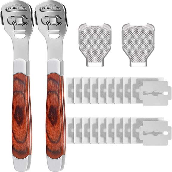 24 Pieces in Total, Callus Remover for Feet Set, Include 20 Replacement Blades 2 Callus Shavers Wooden Handle and 2 Foot File Heads Foot Care Tool Hard Skin Remover for Feet