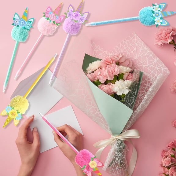 24 Pieces Unicorn Pens Bulk Unicorn Fluffy Pens Rainbow Pom Pom Colorful Plush Ballpoint Stationery Multicolor Cute Animals Fuzzy Ball for Office Party Supplies$$Office