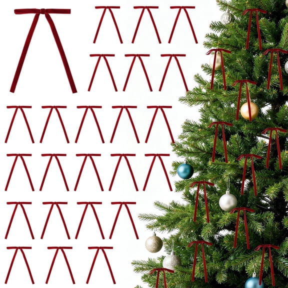 24 Pieces Velvet Bows for Christmas Tree, Velvet Clip on Bow Ornaments for Christmas Decorations(Red, 5" x 7", Width of 3/8")