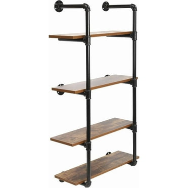 24"  Pipe Shelving Wall Mounted Rustic Metal Floating Shelves, Wall Mount Bookshelf 4 Tier, Real Wood Book Shelves Shelf, Vintage Retro Wall Shelves for Kitchen Bar Offcie