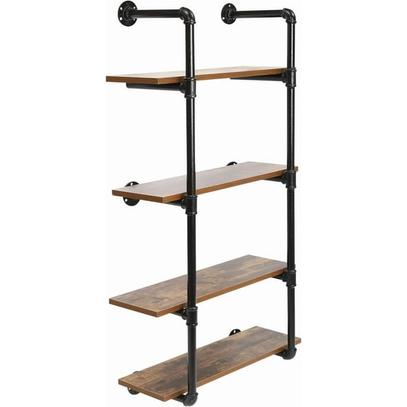 24"  Pipe Shelving Wall Mounted Rustic Metal Floating Shelves, Wall Mount Bookshelf 4 Tier, Real Wood Book Shelves Shelf, Vintage Retro Wall Shelves for Kitchen Bar Offcie