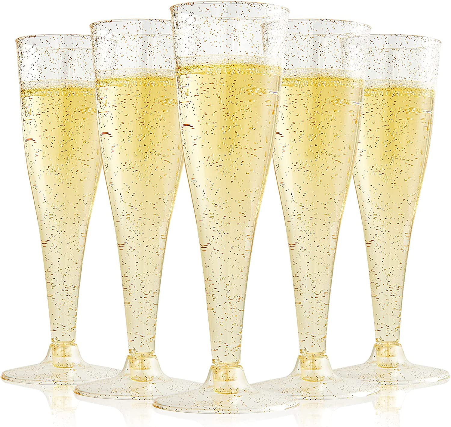 24 Plastic Champagne Flutes | Disposable Champagne Flute | Gold Glitter Plastic Champagne Glasses for Parties | Mimosa Bar, Wedding and Shower Party Supplies,