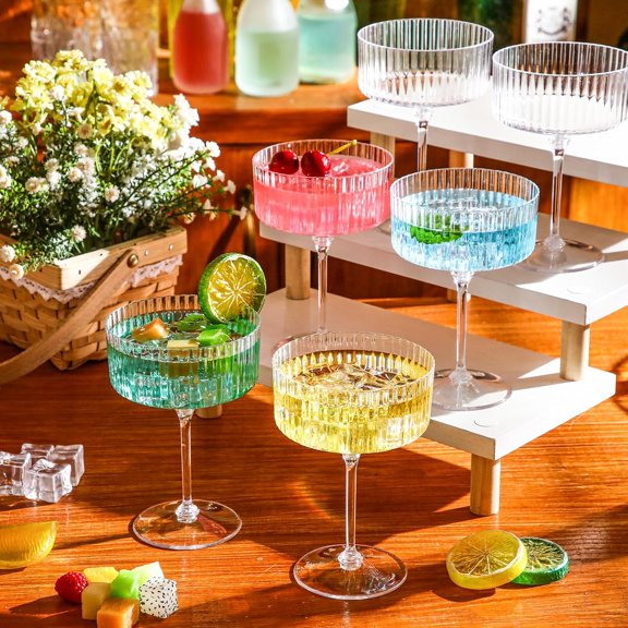 24 Plastic Ribbed Martini Glasses 10 oz, Clear Cocktail Cups with Detachable Stems for Parties, Weddings, Buffets