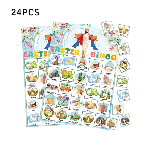 24-Player Easter Bingo Game Set, Religious and Festive Theme Party Cards with Bunnies, Eggs, and Crosses, Fun Holiday Activity for Kids and Adults