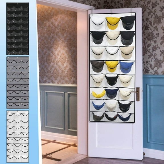 24 Pocket Baseball Cap Organizer Rack, Over the Door & Wall Mountable Hat Hanger with Clear Pvc Pockets & 3 Heavy Duty Hooks, Space Saving Storage Solution for Caps & Snapbacks, Perfect for