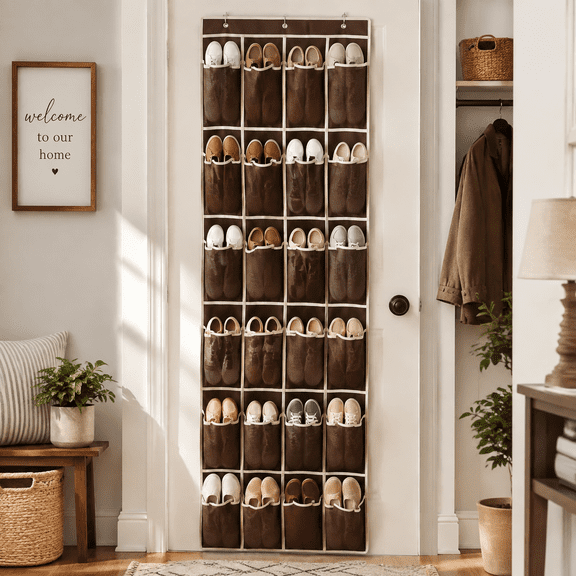 24-Pocket Over The Door Shoe Organizer, Breathable Non-Woven Hanging Shoe Rack Closet Storage Holder With Hooks For Bedroom Dormitory Bathroom Space Saving, Brown Beige