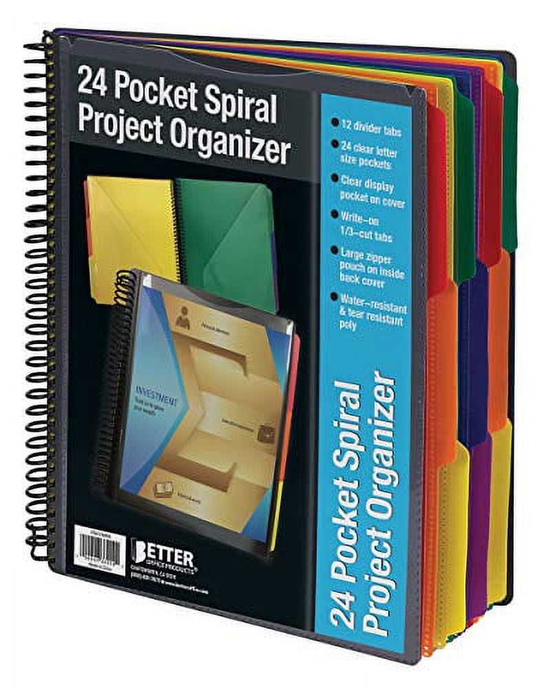 24 Pocket Poly Spiral Project Organizer, Heavy Duty, with Back Cover  Utility Pouch, 1/3 Cut Tabs, 12 Tab Color Dividers, Clear View Front Cover
