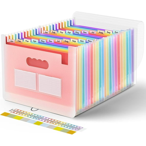 24 Pockets Expanding File Folder with Blank Labels, According File Organizer with Expandable Cover, Desktop Accordion Folders Letter A4 Paper Document Storage Organizer, Red