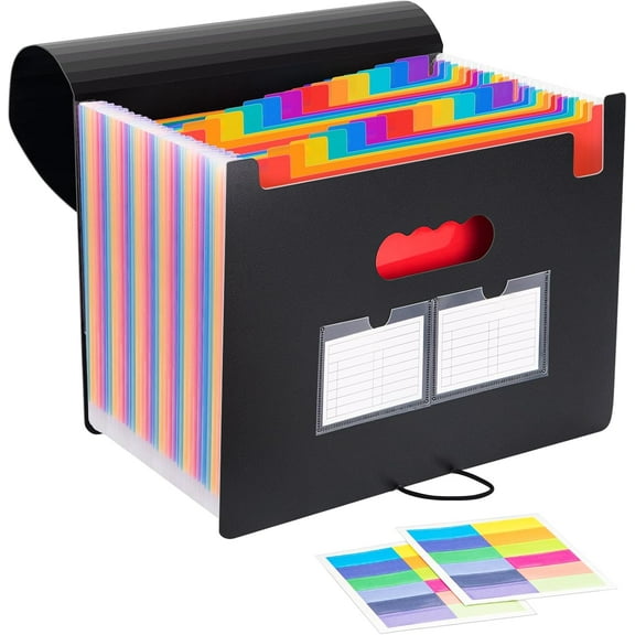 24 Pockets Expanding File Folder with Blank Labels, According File Organizer with Expandable Cover, Desktop Accordion Folders Letter A4 Paper Document Storage Organizer, Black