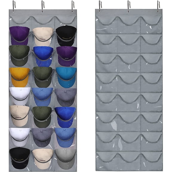 24 Pockets Over the Door Hat Organizer, Clear Visible No Drill Rack for Baseball Caps