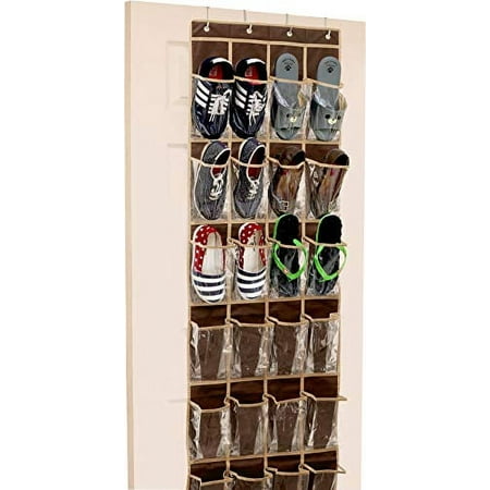 24 Pockets - SimpleHouseware Crystal Clear Over The Door Hanging Shoe Organizer, Brown