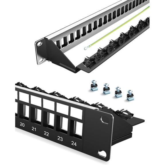 24-Port Blank Keystone Patch Panel for Rackmount Shielded 1U 19inch Network Patch Panel with Cable Support Bar