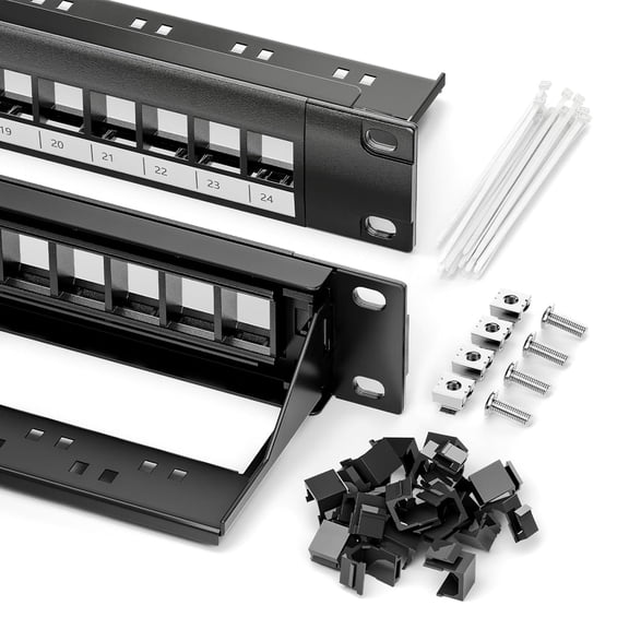 24 Port Keystone Patch Panel, with 20 x Blank Keystone Jack Inserts, Blank 1U CAT6 Rackmount Panel with Removable Cable Management Bar for RJ45/RG6/Fiber Keystone, 19 Inch