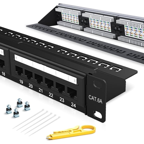 24 Port Patch Panel CAT6A Rack Mount 19inch Ethernet Patch Panel Punch Down for Cat6A,Cat6, Cat5e, Cat5 CablingEC Listed