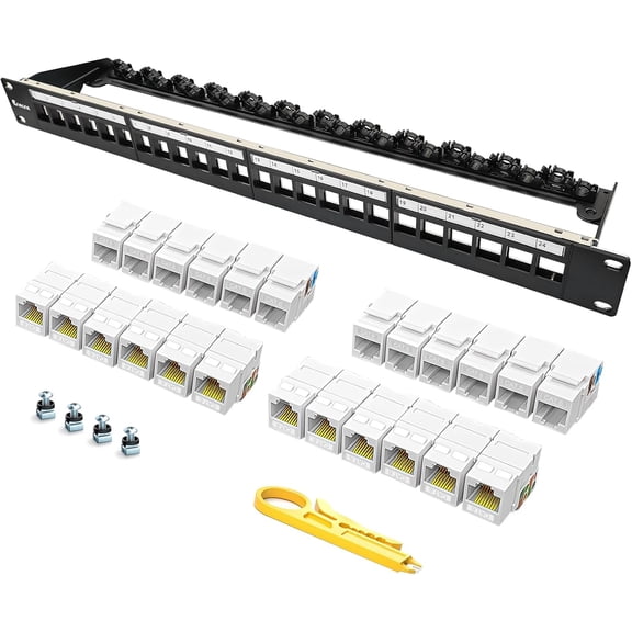 24 Port Patch Panel Cat6 Keystone Jack 90 Angled Ethernet Punch Down for Rackmount 1U 19inch Network Patch Panel with Cable Support Bar