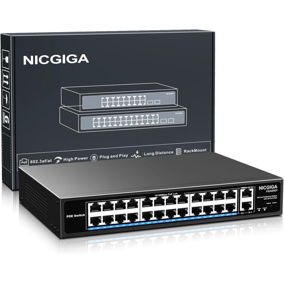 24 Port PoE Switch Unmanaged, 24 Port PoE+@400W, 2 Gigabit Uplink Ports, 26 Port Network Power Over Ethernet Switch, VLAN Mode, 250m Extend, 19 inch RackMount, Plug and Play.