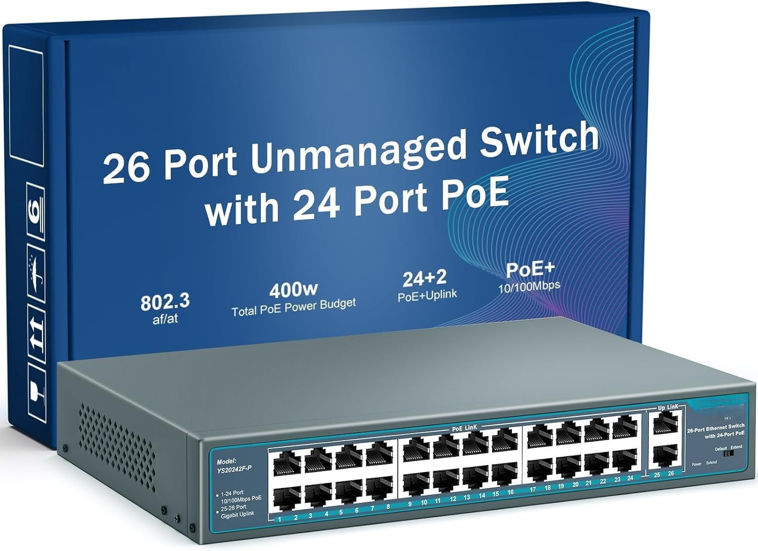 Network Rack Plugs 24 Port PoE with 2 Gigabit Ethernet Uplink Port, Unmanaged 26 Port 802 ...