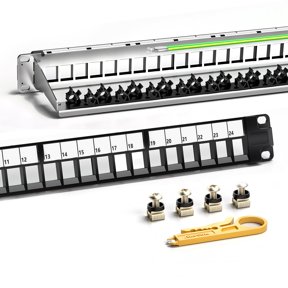 24 Ports 1U Blank Keystone Patch Panel, 19 inch Rack or Wall Mount with Rear Cable Management Panel for Ethernet CAT5e/CAT6/CAT7, USB, HDMI