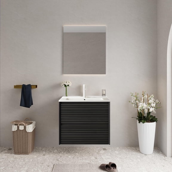 24" Pre-Assembled Bathroom Vanity with Sink: Wall-Mounted Floating Plywood, 2 Drawers, White Ceramic Basin, , Dark Oak Woodgrain