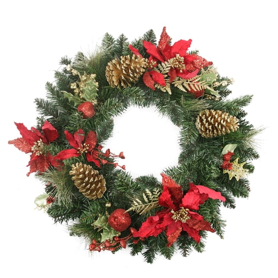 24" Pre-Decorated Red Poinsettia and Gold Pine Cone Artificial Christmas Wreath - Unlit