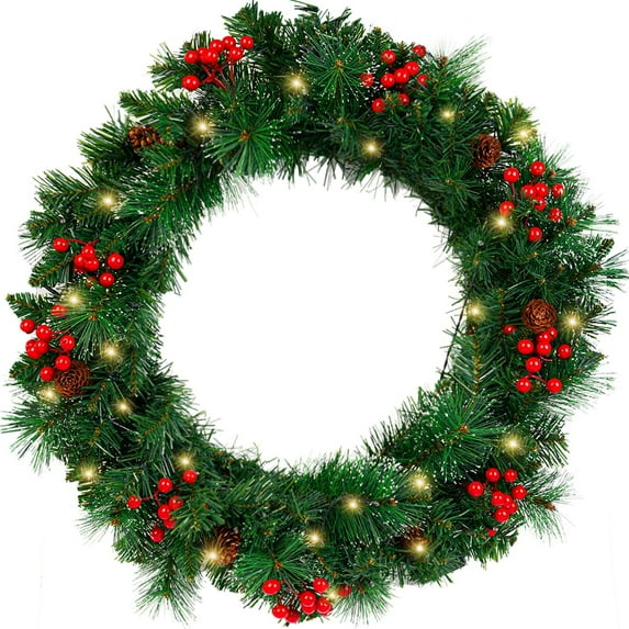 24" Pre-Lit Artificial Christmas Wreaths for Front Door Decorated with Pine Cones, Red Berries, Frosted Branches, 50 LED Lights for Indoor Outdoor Christmas Decorations