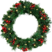 Cowin 24" Pre-Lit Artificial Christmas Wreaths for Front Door Decorated with Pine Cones, Red Berries, Frosted Branches, 50 LED Lights for Indoor Outdoor Christmas Decorations