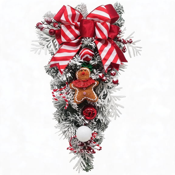 24 in Pre‑Lit Christmas Teardrop Swag,Snow Flocked PVC Door Swag with Gingerbread Man,20 LED Lights,8 Light Modes & Timer,Striped Ribbon Bow Baubles Berries,Battery Operated Front Door Holiday Decor