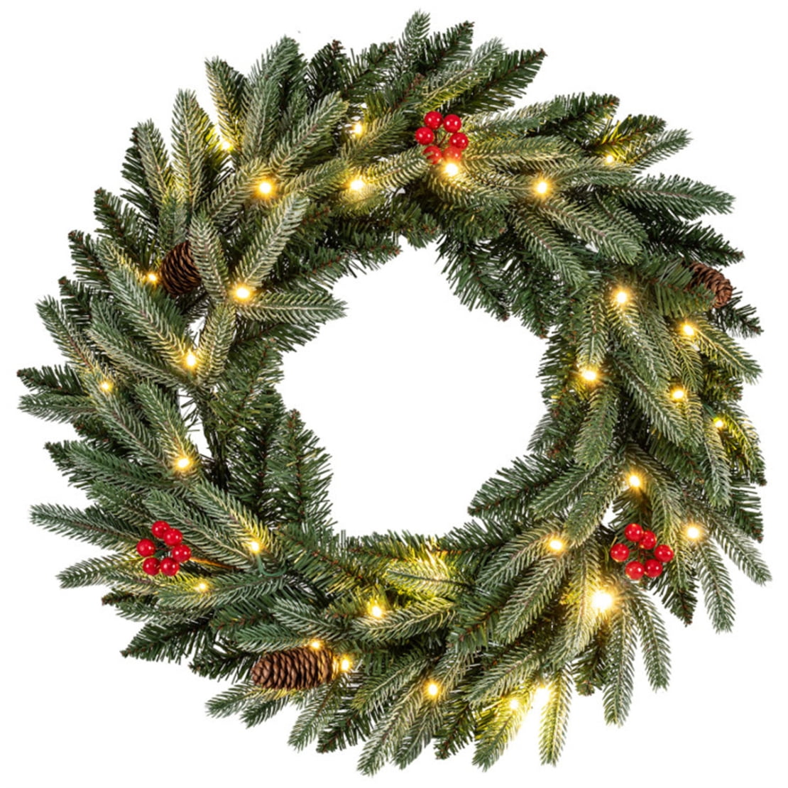 24" Pre-Lit Christmas Wreath with 20 Warm White LED Lights and 90 ...