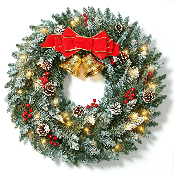 Moonsun 24" Pre-Lit Christmas Wreath, Flocked White, Warm White Lights with Bow & Large Jingle Bells for Front Door, Window, Mantel, Indoor & Outdoor Holiday Decor