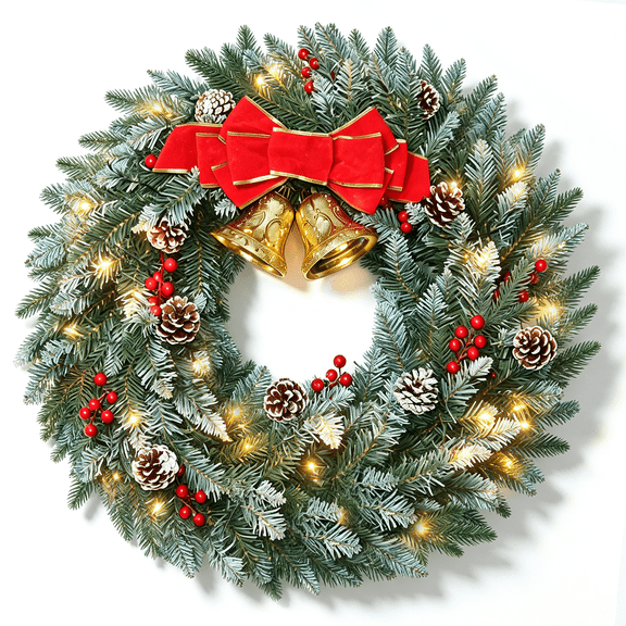 Moonsun 24" Pre-Lit Christmas Wreath, Flocked White, Warm White Lights with Bow & Large Jingle Bells for Front Door, Window, Mantel, Indoor & Outdoor Holiday Decor