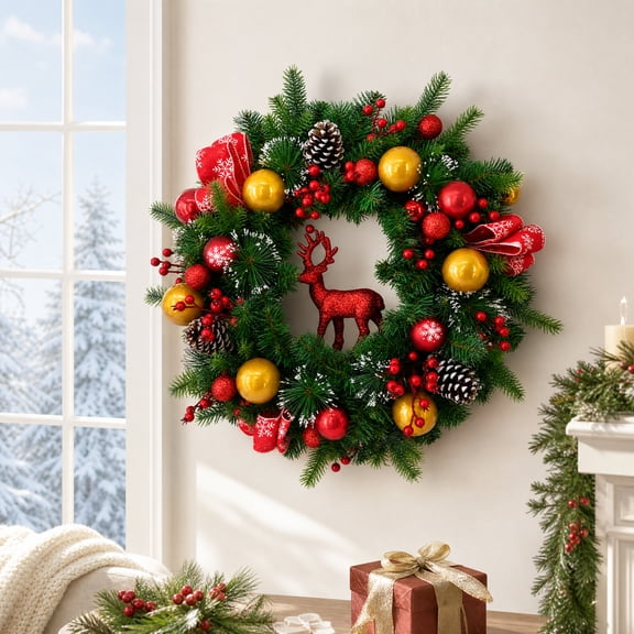 24" Pre-Lit Christmas Wreath, Red Reindeer, Red Gold Balls, Ribbon Bow, 20 LED, 8 Modes, Timer, PVC, Front Door Porch Decor