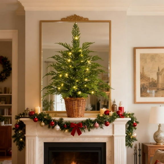 24" Pre-Lit Green Cypress Artificial Christmas Tree with 30 Warm White Twinkle LED Lights, Tabletop Holiday Decoration with Woven Basket Base