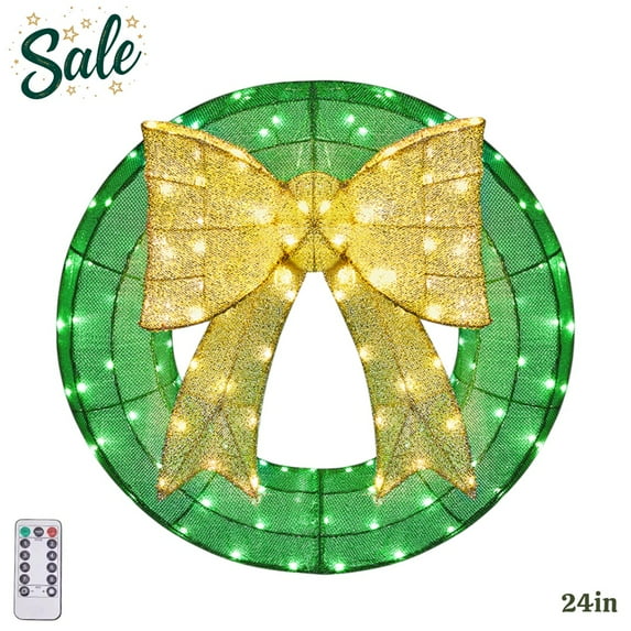 24" Pre-Lit Outdoor Christmas Wreath with Golden Bow, 200 LED Lights & Remote Control, Weather-Resistant for Front Door, Porch, Yard & Indoor Holiday Decor