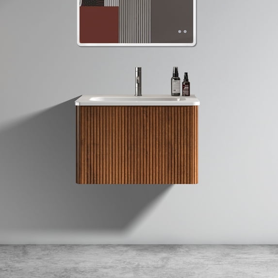 24" Pre-assembled Striped Walnut Bathroom Vanity with White Ceramic Sink, Wall Mounted Floating Bathroom Vanity for Modern Bathroom, Walnut