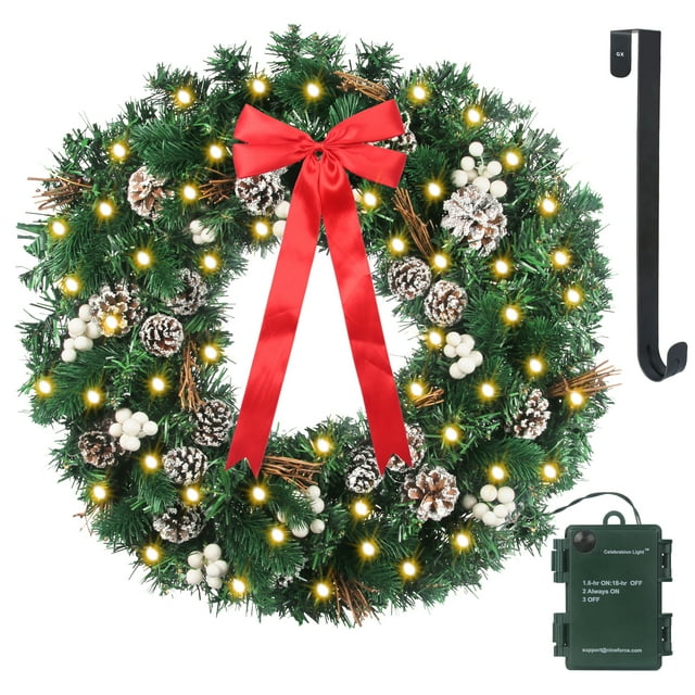 24" Prelit Christmas Wreath with Timer LED String Lights Artificial